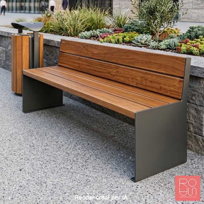 Banc urbà Sèrie KUB d'acer i fusta exòtica